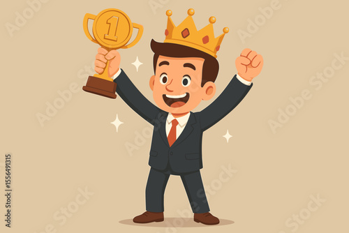 Businessman success concept. First place winner with trophy. Cartoon employee celebrating achievement. Leadership king with crown. Victory and career goal. Champion character vector.