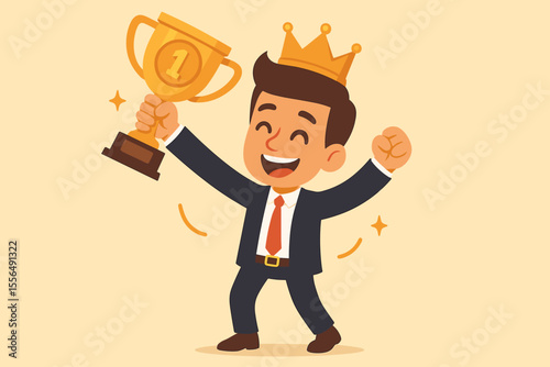 Businessman celebrating success with a golden trophy. Happy manager character winning first place. Employee with crown for career achievement, leadership, and victory. Vector illustration.