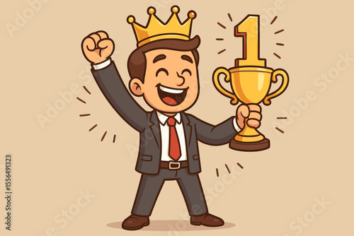 Victorious businessman with crown celebrating success. Happy cartoon manager holding a golden trophy award for first place. Concept of career achievement, winning, and being number one.