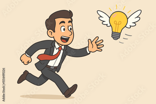 Creative business idea concept. Cartoon businessman running and chasing a flying light bulb with wings. Metaphor for the pursuit of innovation, inspiration, new opportunities, and success.