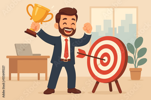 Businessman celebrating achievement, holding trophy, hitting bullseye target with arrow, success in business competition, goal accomplishment, office professional victory, vector illustration