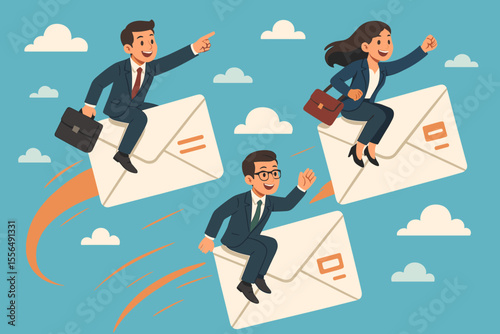 Business team flying on email rockets. Metaphor for fast email marketing, newsletter delivery, and successful promotion campaign. Corporate communication and advertising concept vector.