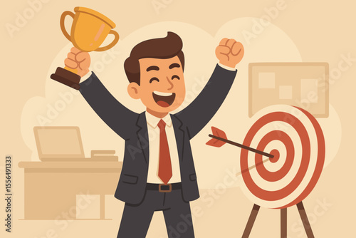 Successful businessman celebrating achievement, holding trophy, hitting bullseye target with arrow, concept of business victory, goal accomplishment, career success in office. Vector illustration