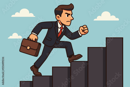 Ambitious businessman climbing career ladder with briefcase, symbolizing professional growth, success, determination, upward mobility, achievement, opportunity, cartoon vector illustration