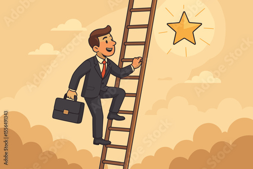 Businessman climbing the ladder of success to reach a shining star. Metaphor for career growth, ambition, goal achievement, motivation, and leadership. Corporate cartoon vector.