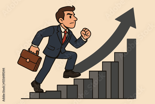 Ambitious businessman climbing career ladder with briefcase, determined professional steps up bar graph to success, growth, achievement, motivation, personal development, vector cartoon illustration
