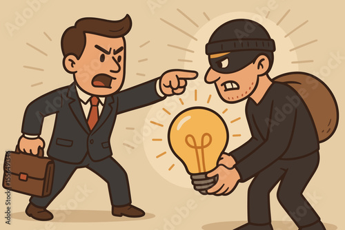 Intellectual property theft concept. Angry businessman confronts thief stealing a light bulb idea. Metaphor for plagiarism, copyright infringement, patent law, and piracy. Protecting innovation.