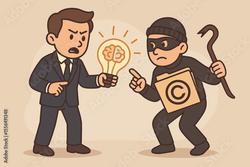 Intellectual property theft concept. Businessman protecting his creative idea from a thief. Copyright law, plagiarism, and piracy metaphor. Innovation protection and patent infringement.