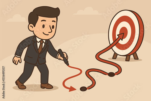 Businessman drawing a path to a target, creating a roadmap for success. Business strategy and planning concept. Vector cartoon illustration of goal achievement, mission, and objective.