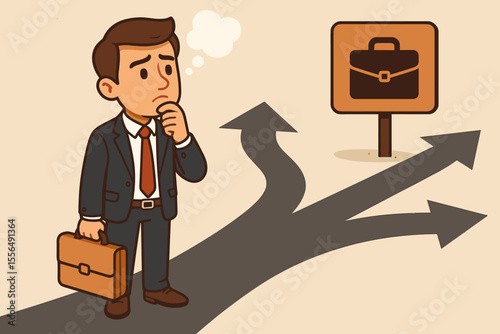 Businessman at a crossroads making a crucial career path decision. Confused man with a briefcase contemplating job offers, future opportunities, and business strategy. Vector cartoon.