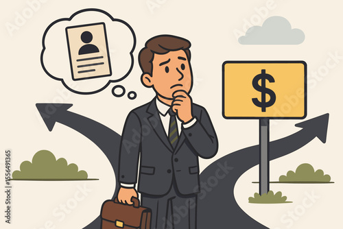 Businessman at a crossroads making a career choice. Man contemplating a job offer, weighing money vs passion. Dilemma, decision making, employment future, career path concept vector.