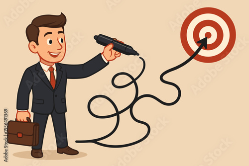 Businessman drawing a difficult, winding path to a target goal. Concept of business strategy, problem solving, and planning for success. Man with marker creating a way to achievement.
