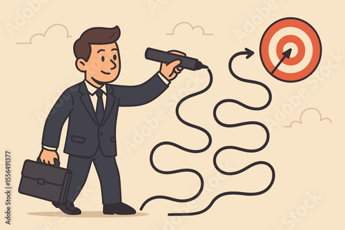 Concept of business strategy and achieving goals. Businessman drawing a winding arrow path to the target. Metaphor for planning, problem solving, vision and career success journey.