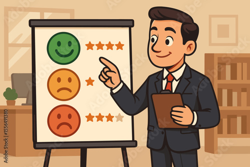 Businessman presenting customer feedback evaluation with smiley face rating scale, quality control, performance review, improvement strategy, office meeting, vector cartoon illustration