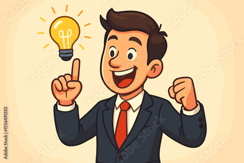 Happy cartoon businessman in a suit gets a great idea. Excited man pointing at a glowing lightbulb, a symbol of innovation, creativity, inspiration, solution, and success. Vector.