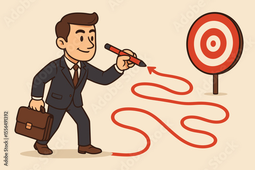 Businessman drawing a complex path to a target. Business strategy, goal setting, and achievement concept. Manager finding a creative solution. Career growth and success vector.