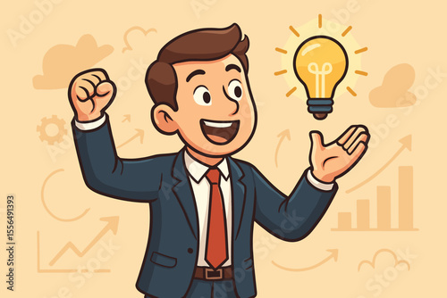 Creative business idea concept. Happy cartoon businessman entrepreneur with glowing light bulb. Symbol of innovation, solution, startup success, strategy, and project development.