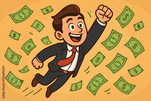 Successful businessman flying like a superhero through a rain of money. Concept of financial freedom, wealth, profit and business achievement. Happy rich manager. Cartoon vector illustration.