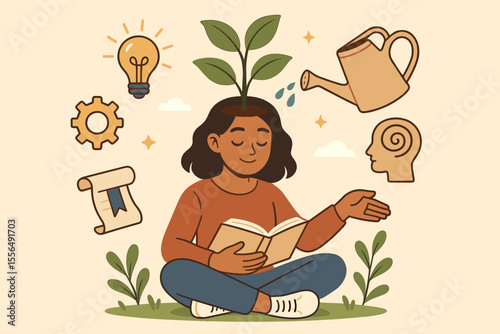 Personal Growth and Self-Improvement Concept. Woman Reading Book, Plant Growing from Head, Knowledge, Learning, Mind Development, Creativity, Education, Motivation, Vector Illustration