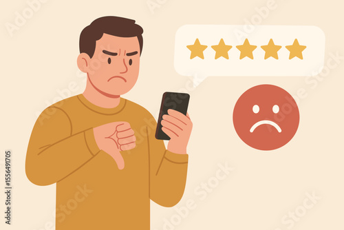 Unhappy customer giving negative review and low rating online. Thumbs down gesture, sad face emoji, dissatisfaction, bad product or service feedback, complaint, poor experience, vector illustration