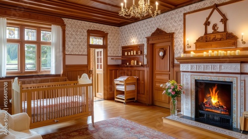 Wallpaper Mural A cozy nursery with warm wooden accents and a vintage fireplace. Torontodigital.ca