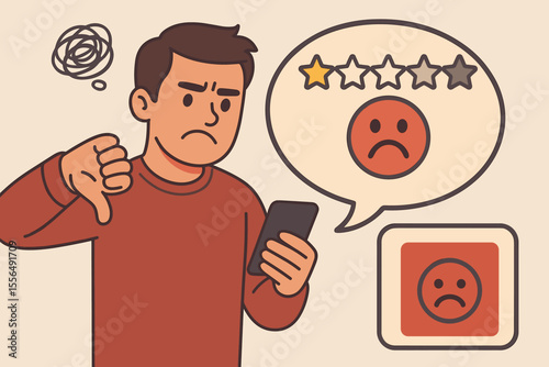 Unhappy Customer Giving Negative Feedback and One Star Rating Online. Disappointed User Writing Bad Review. Thumbs Down, Sad Face, Low Score, Complaint, Poor Service, Vector Cartoon Illustration