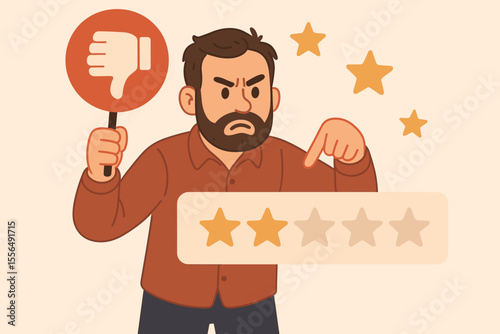 Unhappy customer giving negative review, low star rating, thumbs down, dissatisfaction, poor product or service feedback, complaint, vector cartoon illustration, bad experience, consumer opinion