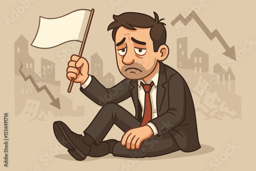 Businessman Surrendering with White Flag, Economic Crisis, Financial Failure, Bankruptcy, Defeat, Downturn, Recession, Company Collapse, Despair, Cartoon Vector Illustration, No Text