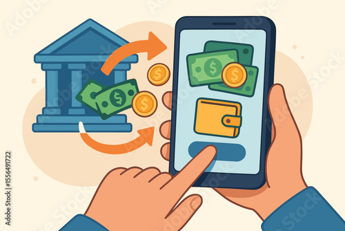 Mobile banking transaction concept with smartphone, digital wallet, bank building, money transfer, online payment, cashless finance, electronic funds, hand holding phone, vector illustration