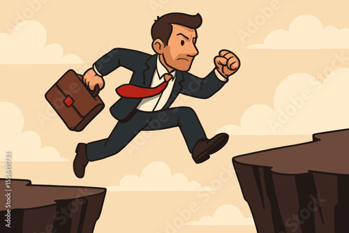 Determined businessman in suit with briefcase leaping over chasm, overcoming obstacles, career challenge, professional risk, business success, ambition, achievement, opportunity, motivation