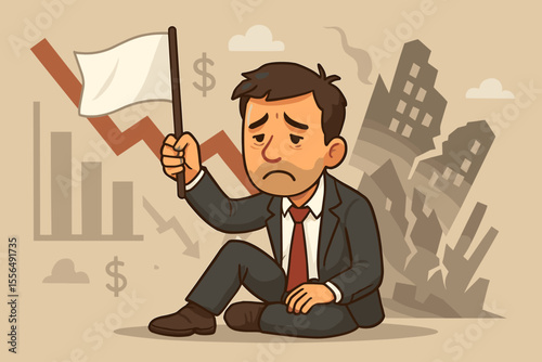 Businessman Surrendering with White Flag, Financial Crisis, Bankruptcy, Economic Downturn, Company Collapse, Defeat, Failure, Recession, Cartoon Vector, Declining Graph, Ruined Buildings