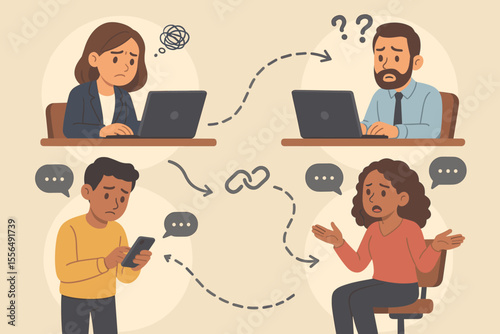 Frustrated Team Members Experiencing Communication Breakdown, Remote Work Challenges, Collaboration Issues, Misunderstanding, Confusion, Digital Workplace Conflict, Vector Cartoon Illustration