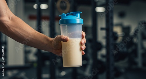 Hand Holding Protein Shake Bottle in Blurred Gym Setting (1)