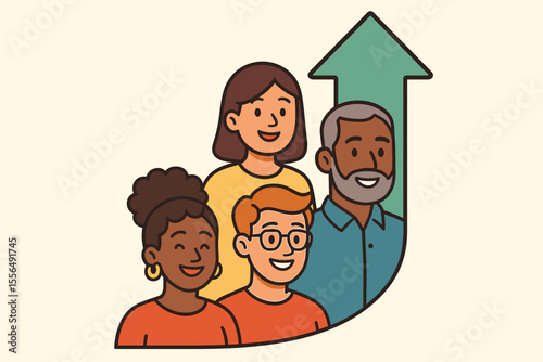 Diverse group of people forming upward arrow, symbolizing teamwork, growth, progress, leadership, unity, community development, success, multicultural collaboration, cartoon vector illustration