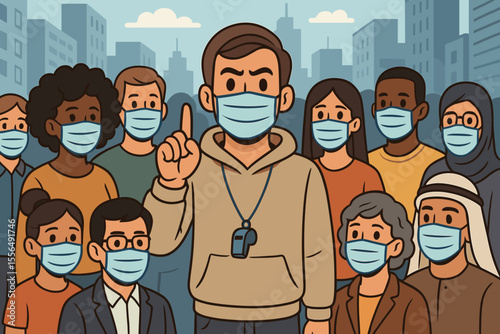 Diverse multicultural crowd wearing medical face masks in city, leader with whistle raising finger, public health safety, urban pandemic prevention, cartoon vector illustration, community awareness