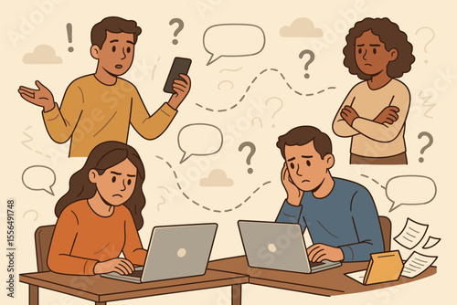 Frustrated team members struggling with communication breakdown, poor collaboration, digital workplace confusion, remote work challenges, teamwork issues, cartoon office vector illustration