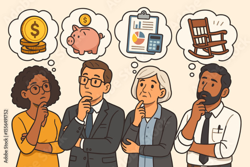 Diverse business professionals thinking about retirement planning, savings, investments, pension, financial strategy, future goals, money management, cartoon vector illustration, workplace diversity