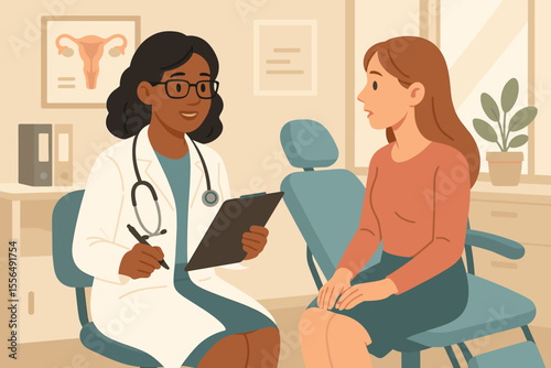 Female Doctor Consulting Woman Patient in Gynecology Clinic. Medical Consultation, Healthcare Advice, Reproductive Health Exam, Patient Care, Professional Visit, Modern Hospital Office Vector