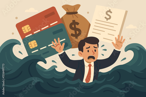 Overwhelmed Businessman Drowning in Credit Card Debt and Loan Burdens, Financial Stress and Overspending Concept, Debt Management Challenges Vector Cartoon Illustration