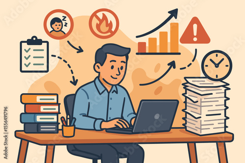 Overworked Office Employee Stress Concept. Cartoon Vector Illustration of Businessman at Desk with Laptop, Paperwork, Deadlines, Burnout, Productivity Challenges, Task Management, Workflow Risks