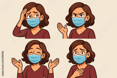 Cartoon woman wearing medical face mask expressing emotions. Vector illustration showing anxiety, happiness, confusion, worry, hand gestures, pandemic safety, emotional communication, health concept