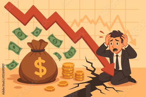 Economic crisis stock market crash, financial loss, capital devaluation, recession risk, falling graph, stressed investor, money bag, coins, cartoon vector illustration, economic downturn concept