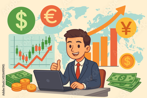 Forex trading investor analyzing global currency markets. Businessman at laptop with stock chart, rising graph, dollar, euro, yen symbols, cash, coins. Economic growth, finance profit concept