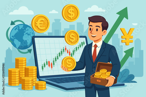 Forex trading and global currency market investment concept with businessman holding coins, rising financial graph, dollar, euro, yen symbols, economic growth and profit illustration