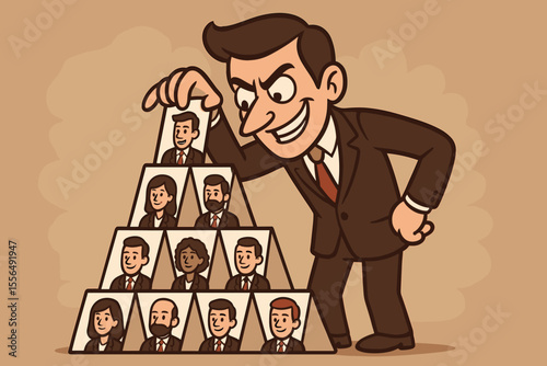 Greedy Businessman Building Fraudulent Pyramid Scheme Structure. MLM Scam Concept. Manipulation, Deception, Exploitation of Employees. Vector Cartoon Illustration of Unethical Business Practice