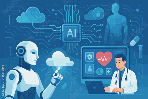 Artificial Intelligence and Cloud Computing Transforming Healthcare System. Robot and Doctor Collaboration, Digital Health Data, Medical Technology, Futuristic Medicine, Innovation Concept Vector