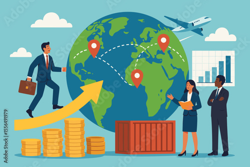 Global Business Expansion Strategy, International Market Growth, Corporate Team, Financial Success, Logistics, Export, Trade, Globalization, Airplane, Shipping Container, Vector Illustration