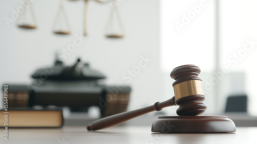 Justice and Conflict: Gavel rests before scales of justice and tank model, symbolizing challenges and considerations surrounding war crimes. photo