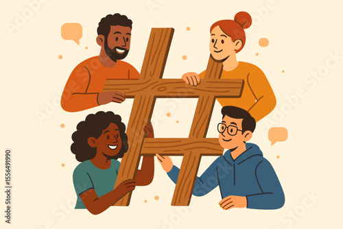 Diverse group of people forming hashtag symbol, teamwork and collaboration, social media marketing, online community, digital networking, multicultural communication, vector illustration