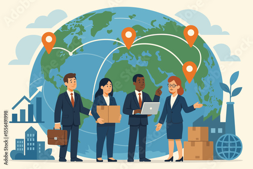 Global business team expansion strategy connecting international markets. Corporate professionals logistics, worldwide trade, supply chain, growth, export import, distribution, global commerce concept